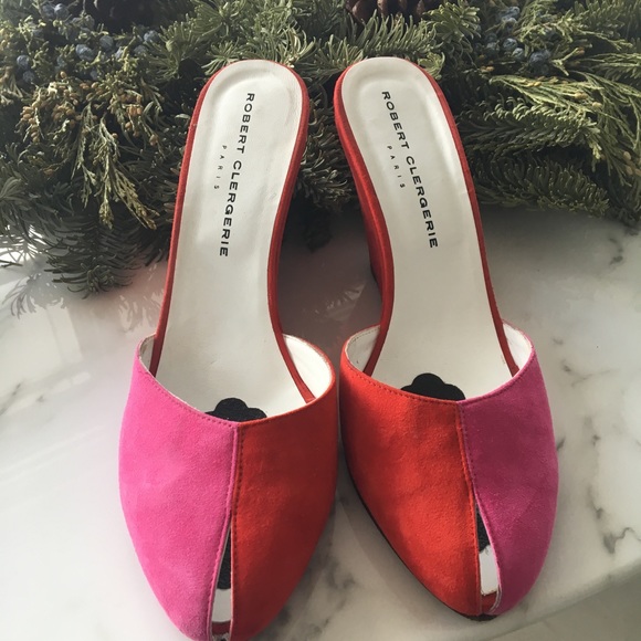 Robert Clergerie Pink Red Suede Peeptoe Wedge Mule - Picture 3 of 8